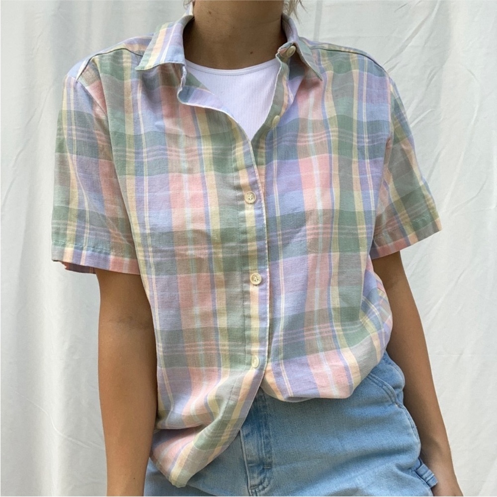 Vintage 90’s Plaid Pastel Short Sleeve Blouse​